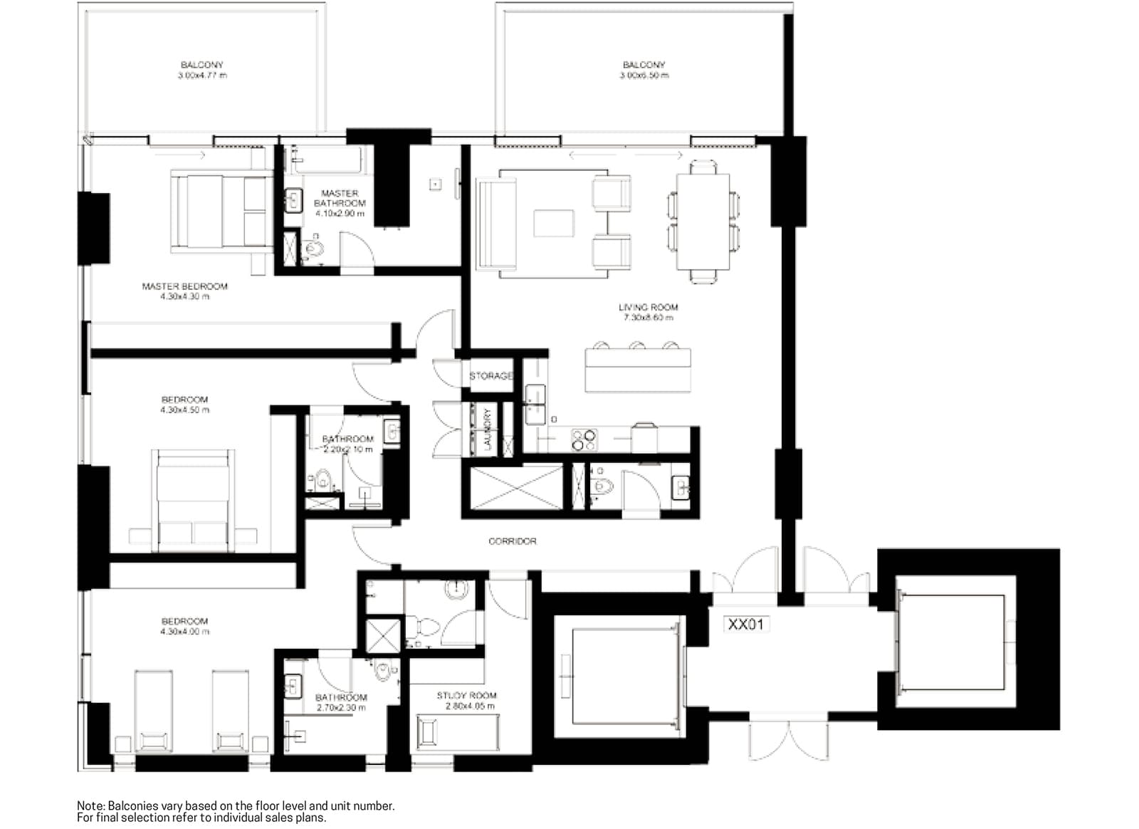 1 JBR, 3-Bed Floor Plan, type: 3 br Corner+maid