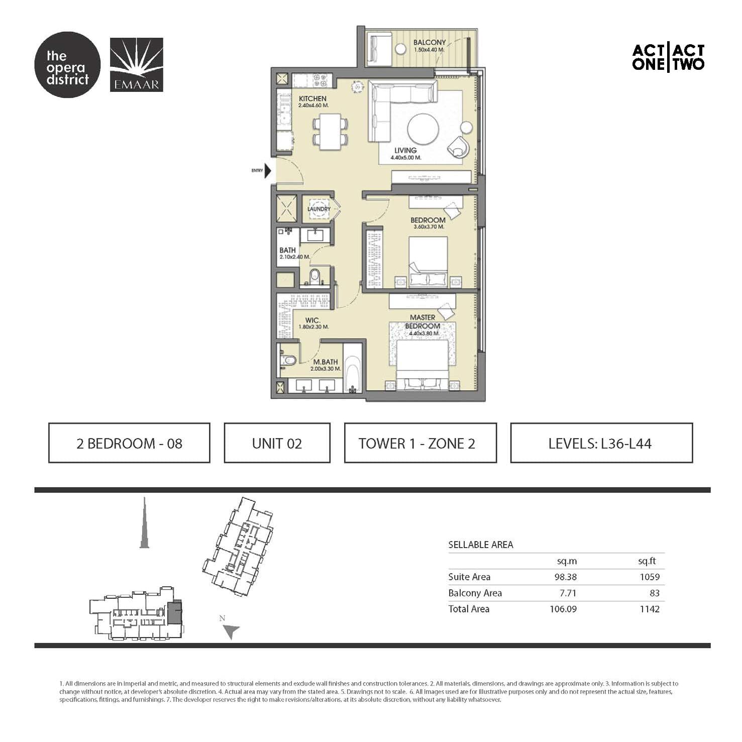 Act One | Act Two Tower 1, 2-Bed Floor Plan, type: 2 BD - 08 Unit 02 L36