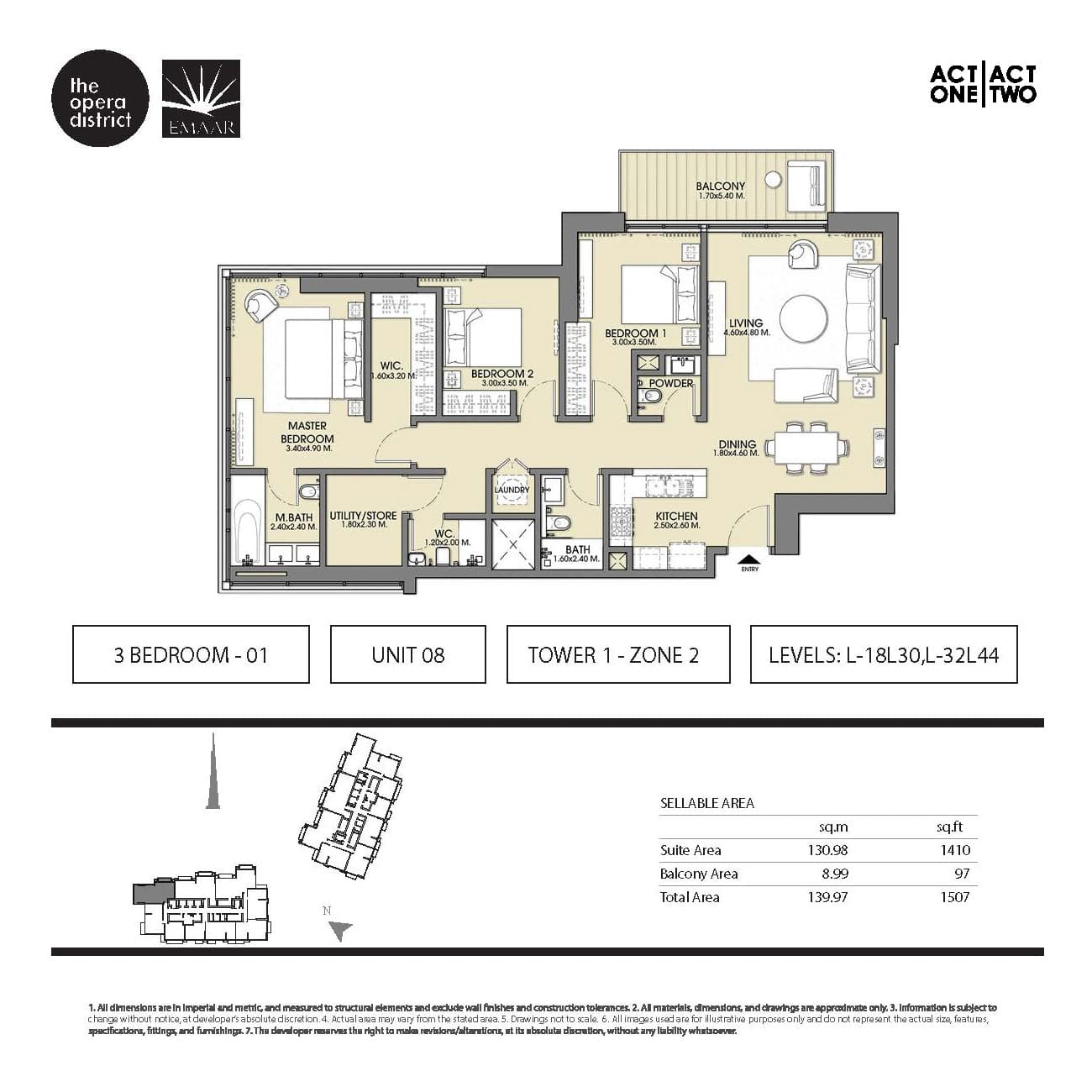 Act One | Act Two Tower 1, 3-Bed Floor Plan, type: 3 BD - 01 Unit 08