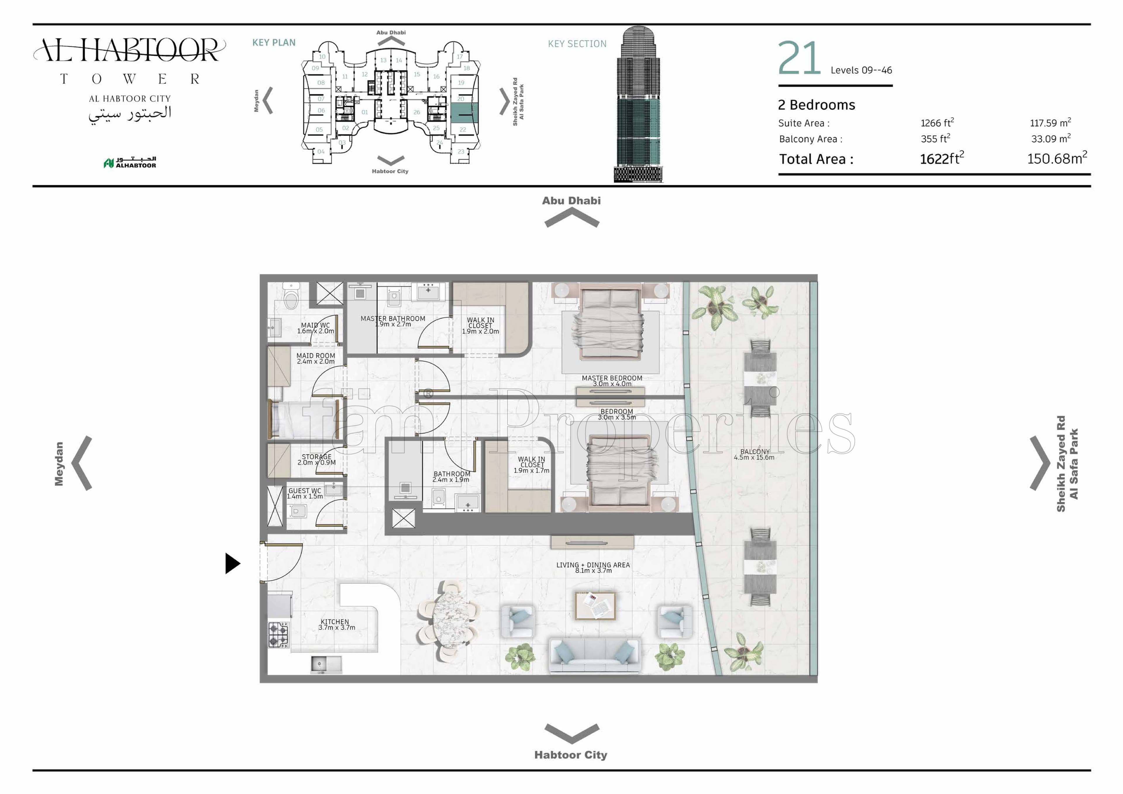 Al Habtoor Tower, 2-Bed Floor Plan, type: