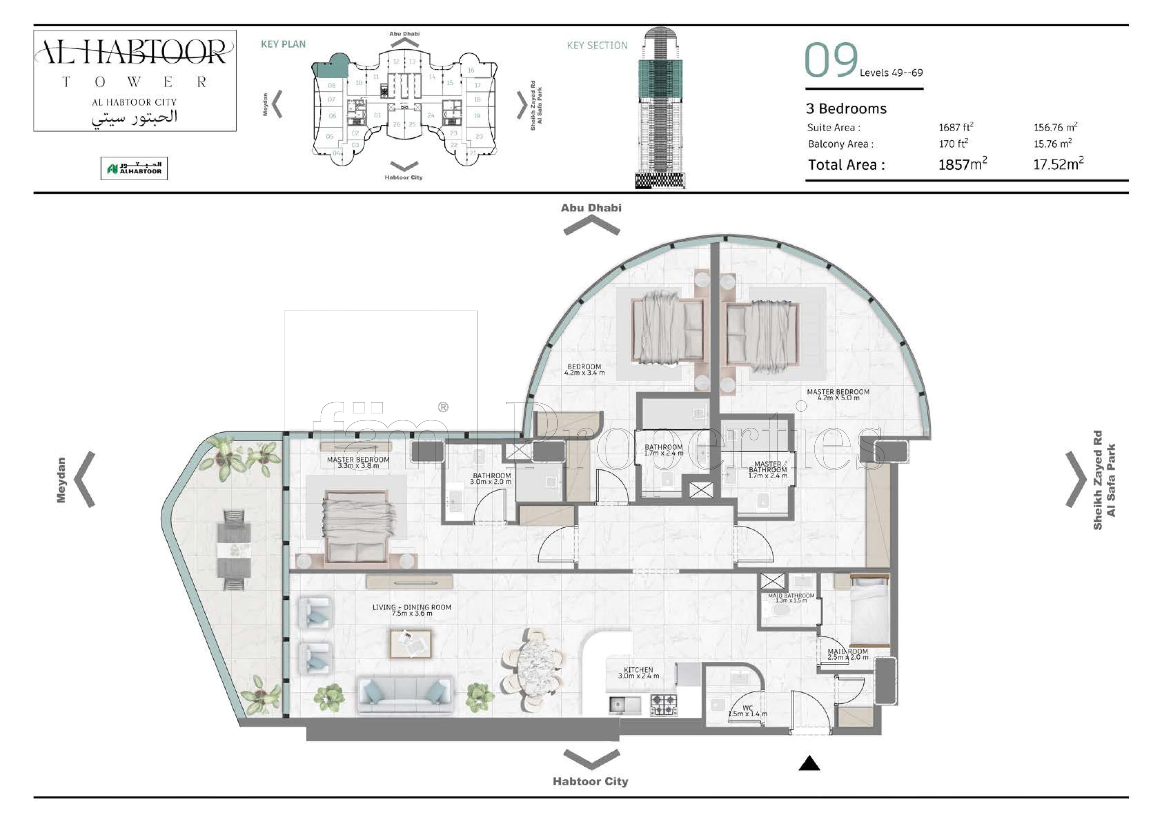 Al Habtoor Tower, 3-Bed Floor Plan, type: