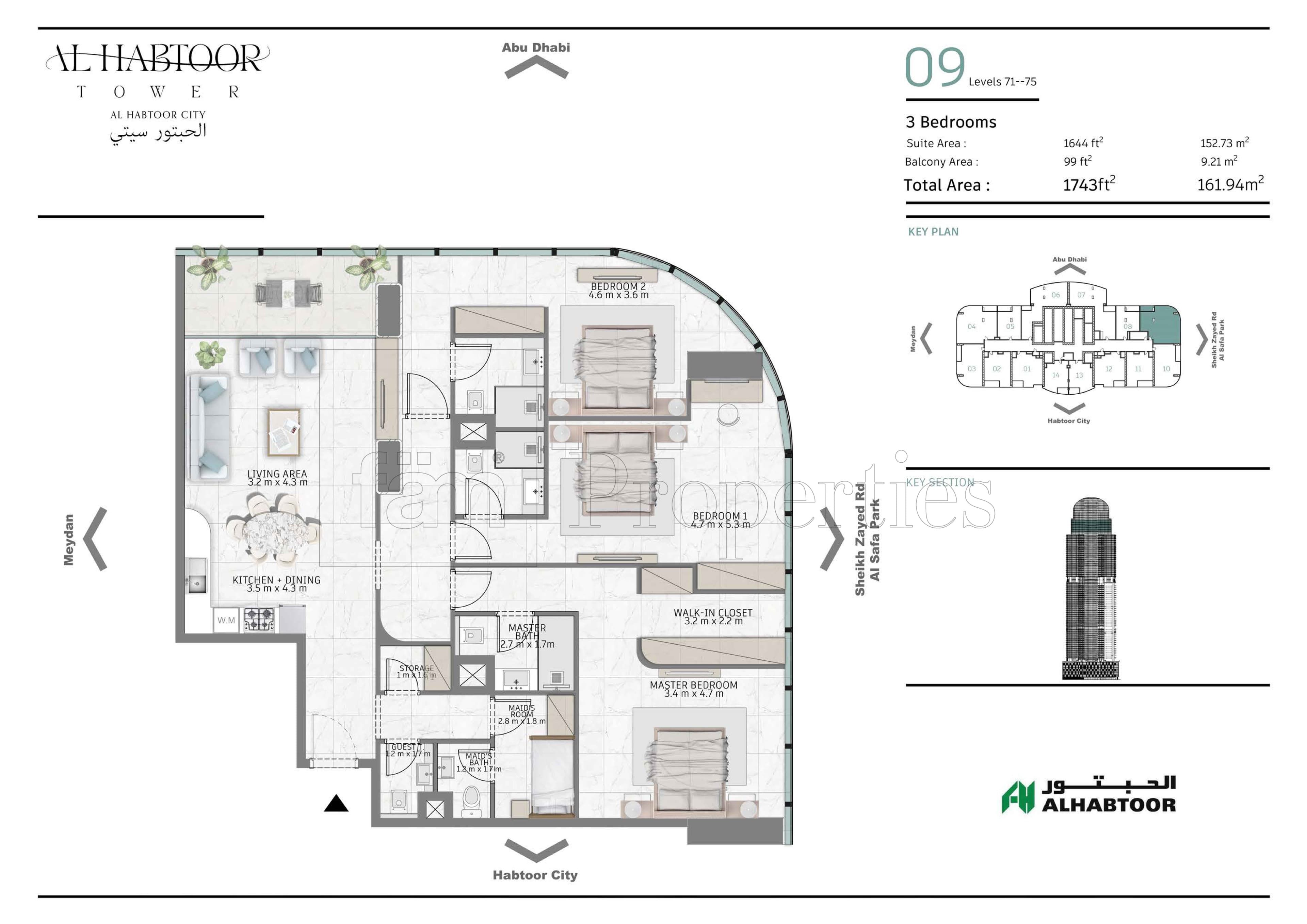 Al Habtoor Tower, 3-Bed Floor Plan, type: