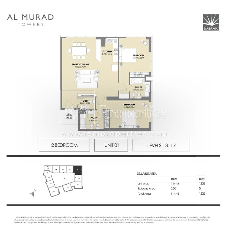 Al Murad Towers, 2-Bed Floor Plan, type: 2 Bedrooms - Unit 1- levels L3 - L7