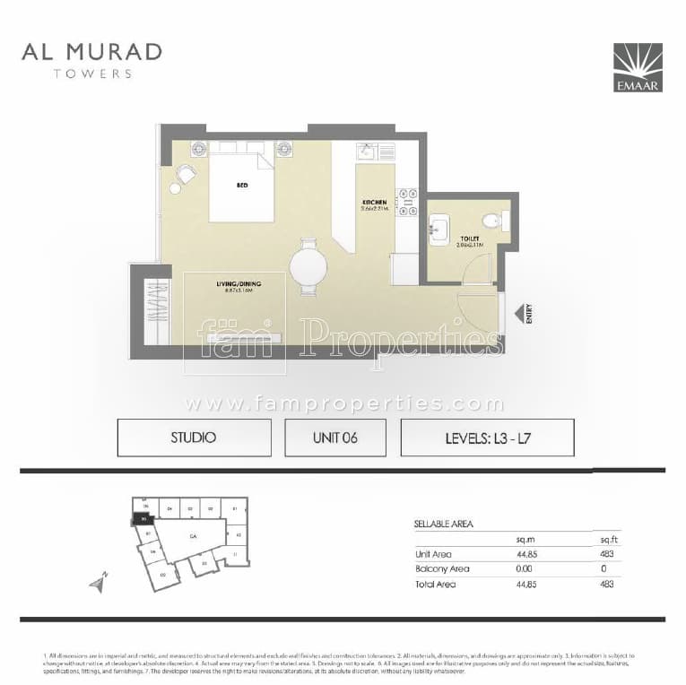 Al Murad Towers, -Bed Floor Plan, type: Studio - Unit 6- levels L3 - L7