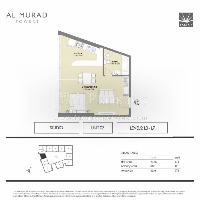 Al Murad Towers, -Bed Floor Plan, type: Studio - Unit 7- levels L3 - L7
