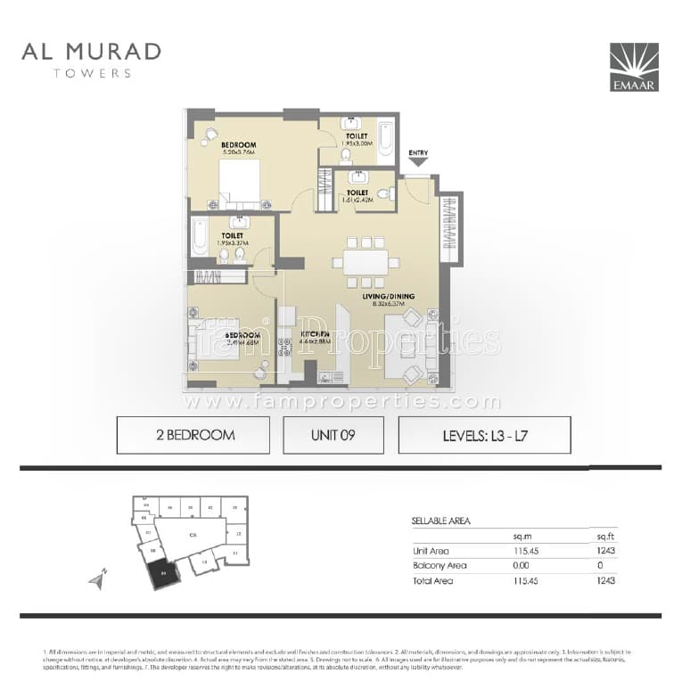 Al Murad Towers, 2-Bed Floor Plan, type: 2 Bedrooms - Unit 9- levels L3 - L7