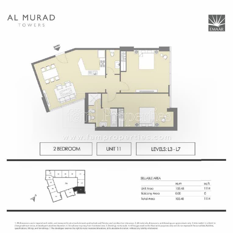 Al Murad Towers, 2-Bed Floor Plan, type: 2 Bedrooms - Unit 11- levels L3 - L7