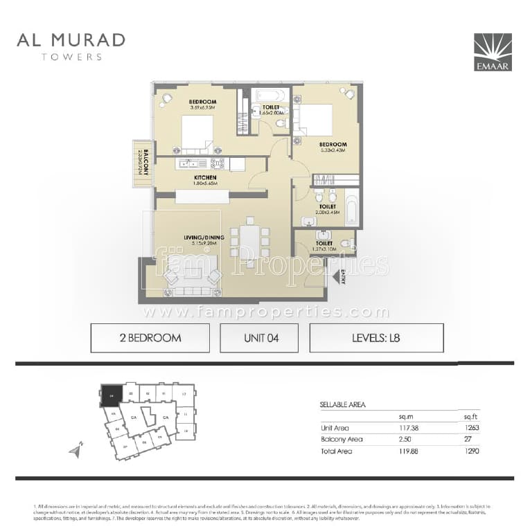 Al Murad Towers, 2-Bed Floor Plan, type: 2 Bedrooms - Unit 4- levels L8