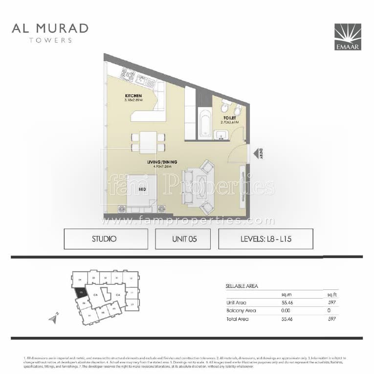 Al Murad Towers, -Bed Floor Plan, type: Studio - Unit 5- levels L8 - L15