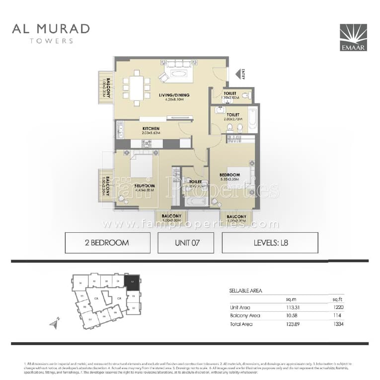Al Murad Towers, 2-Bed Floor Plan, type: 2 Bedrooms - Unit 7- levels L8