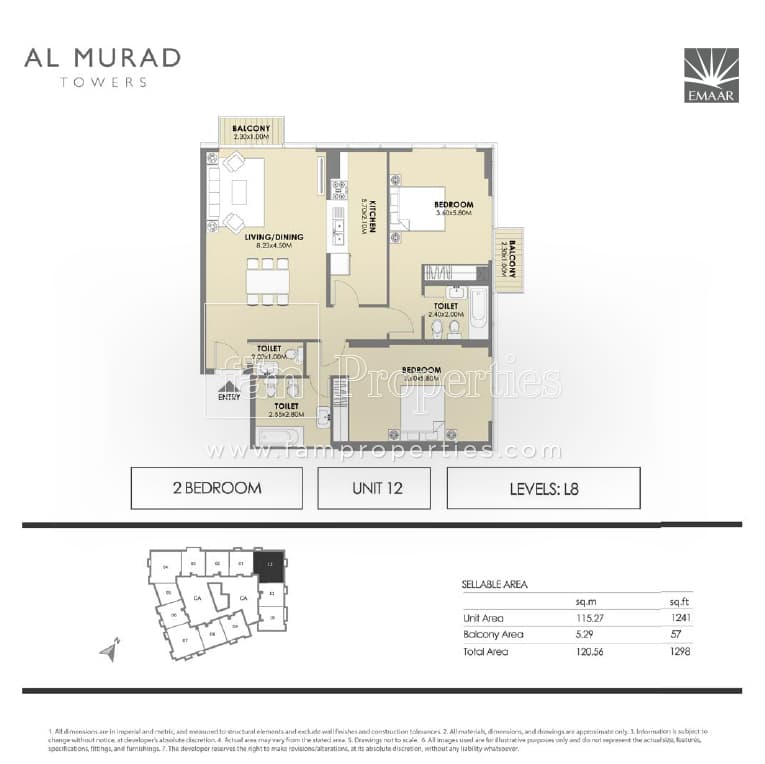 Al Murad Towers, 2-Bed Floor Plan, type: 2 Bedrooms - Unit 12- levels L8