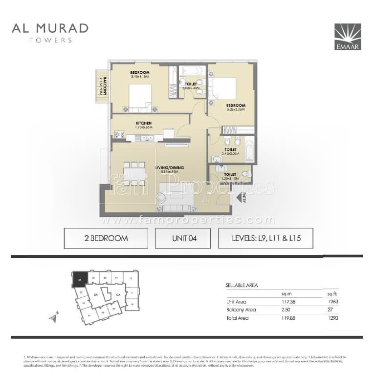 Al Murad Towers, 2-Bed Floor Plan, type: 2 Bedrooms - Unit 4- levels L3, L11 & L15