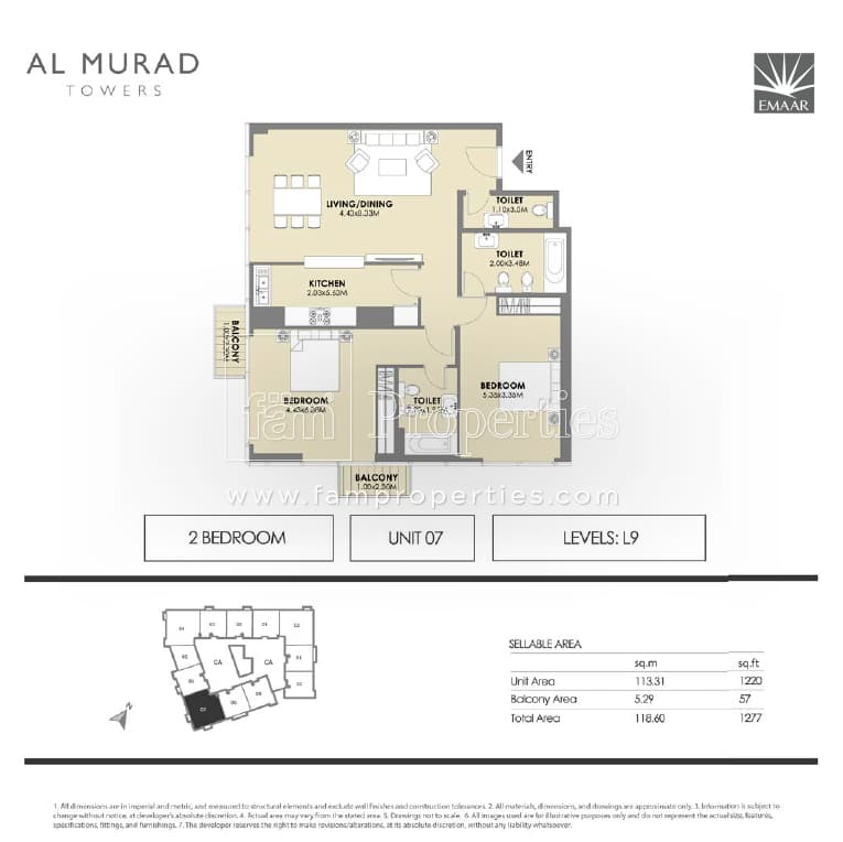Al Murad Towers, 2-Bed Floor Plan, type: 2 Bedrooms - Unit 7- levels L9