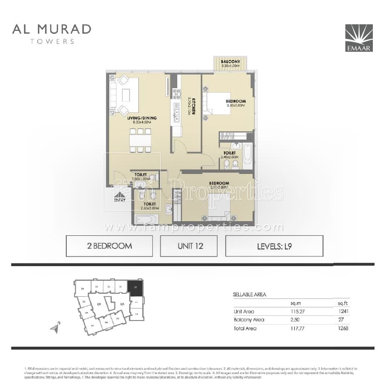 Al Murad Towers, 2-Bed Floor Plan, type: 2 Bedrooms - Unit 12- levels L9