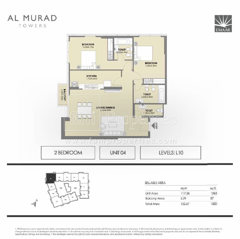 Al Murad Towers, 2-Bed Floor Plan, type: 2 Bedrooms - Unit 4- levels L10