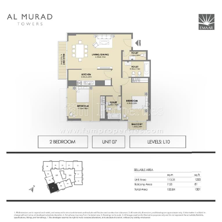 Al Murad Towers, 2-Bed Floor Plan, type: 2 Bedrooms - Unit 7- levels L10