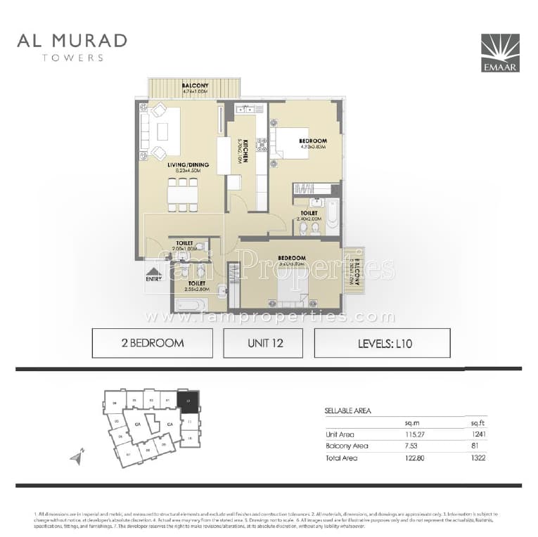 Al Murad Towers, 2-Bed Floor Plan, type: 2 Bedrooms - Unit 12- levels L10