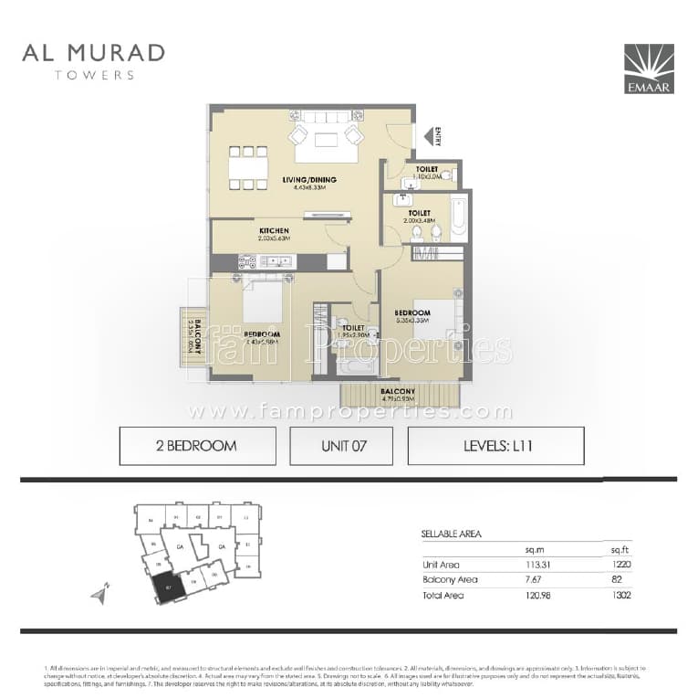 Al Murad Towers, 2-Bed Floor Plan, type: 2 Bedrooms - Unit 7- levels L11