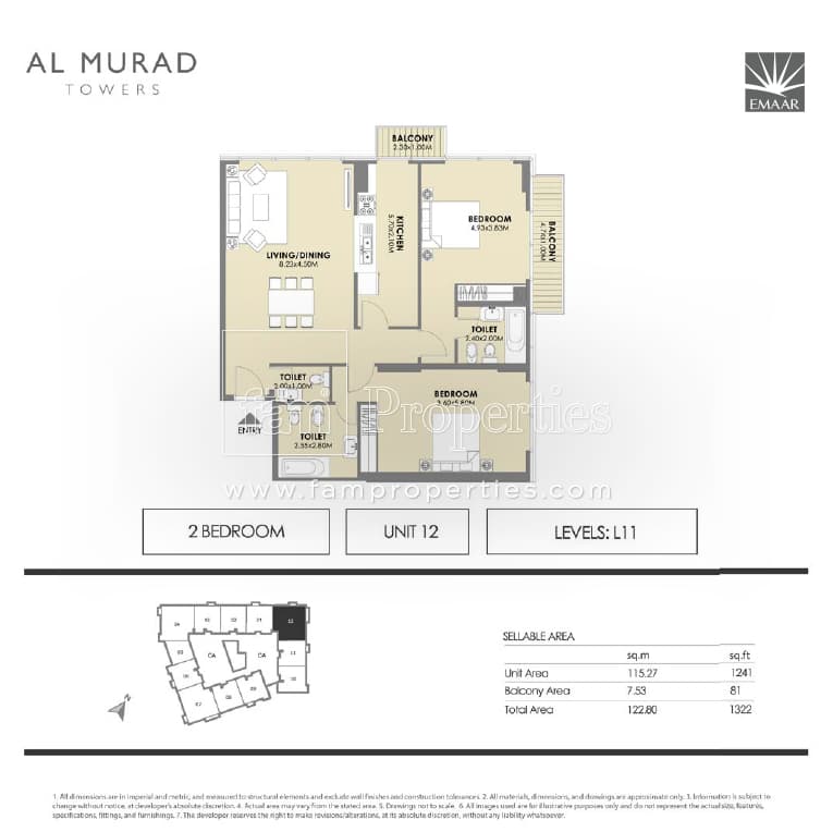 Al Murad Towers, 2-Bed Floor Plan, type: 2 Bedrooms - Unit 12- levels L11