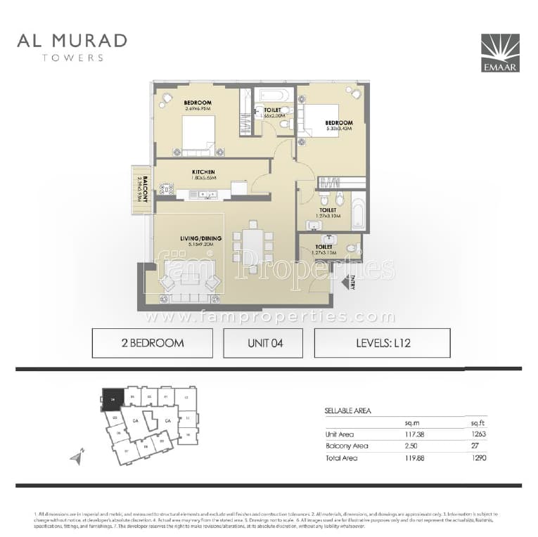 Al Murad Towers, 2-Bed Floor Plan, type: 2 Bedrooms - Unit 4- levels L12