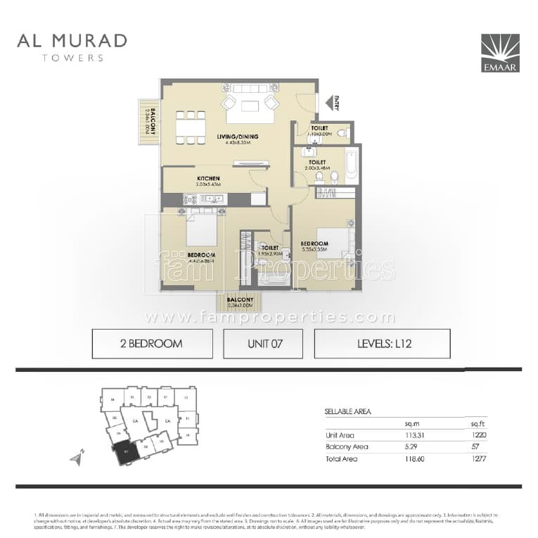 Al Murad Towers, 2-Bed Floor Plan, type: 2 Bedrooms - Unit 7- levels L12