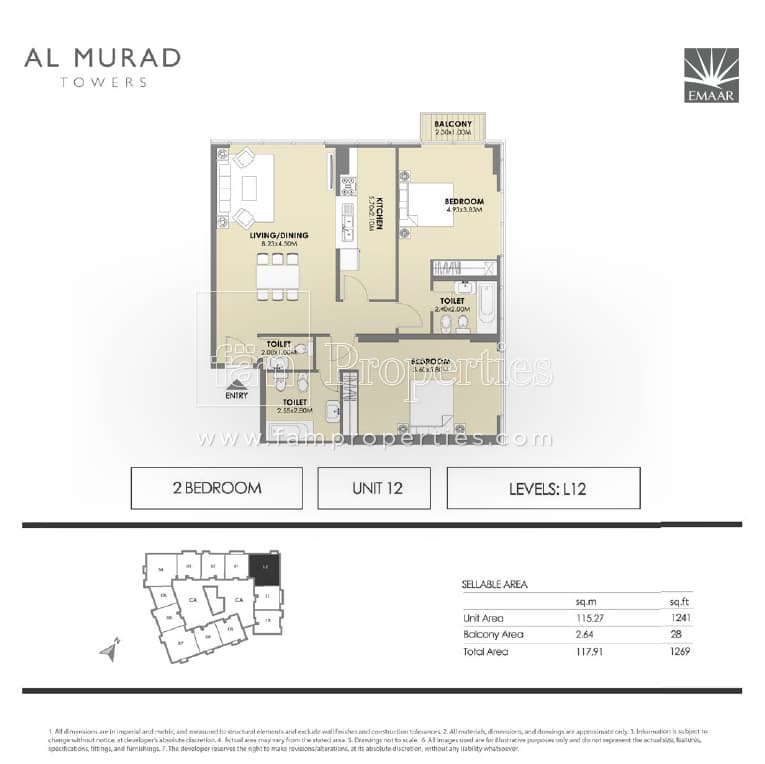 Al Murad Towers, 2-Bed Floor Plan, type: 2 Bedrooms - Unit 12- levels L12