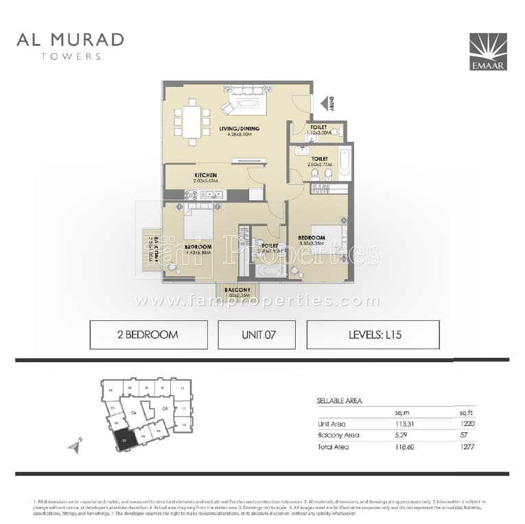 Al Murad Towers, 2-Bed Floor Plan, type: 2 Bedrooms - Unit 7- levels L15