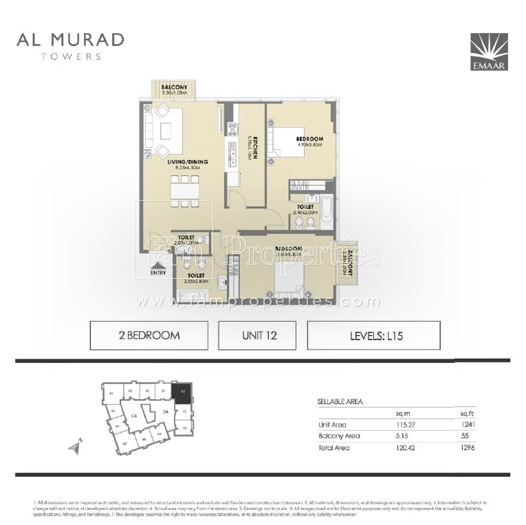 Al Murad Towers, 2-Bed Floor Plan, type: 2 Bedrooms - Unit 12- levels L15