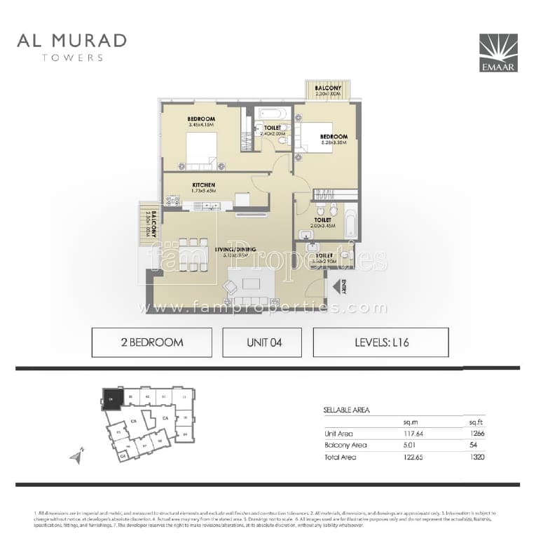 Al Murad Towers, 2-Bed Floor Plan, type: 2 Bedrooms - Unit 4- levels L16