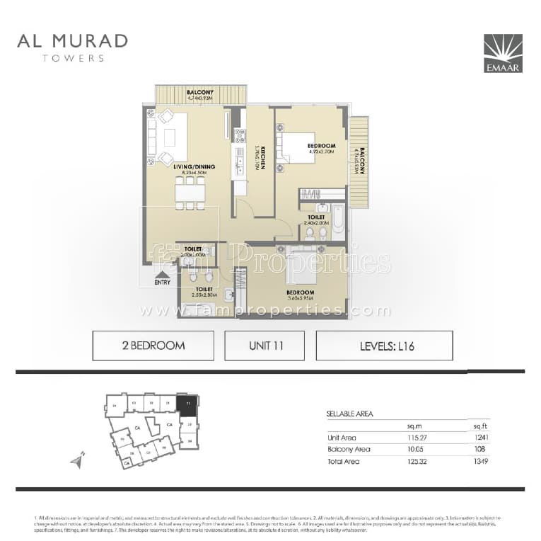 Al Murad Towers, 2-Bed Floor Plan, type: 2 Bedrooms - Unit 11- levels L16