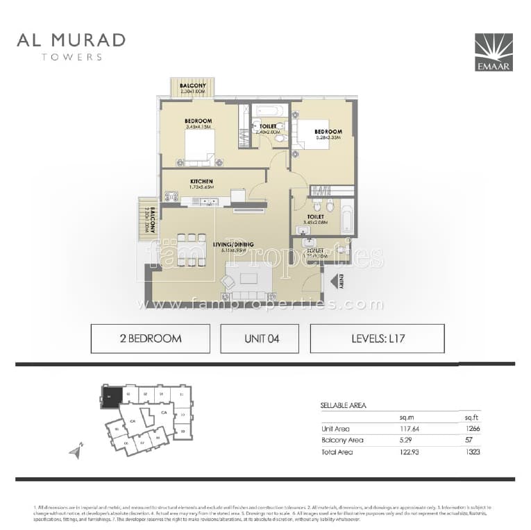 Al Murad Towers, 2-Bed Floor Plan, type: 2 Bedrooms - Unit 4- levels L17