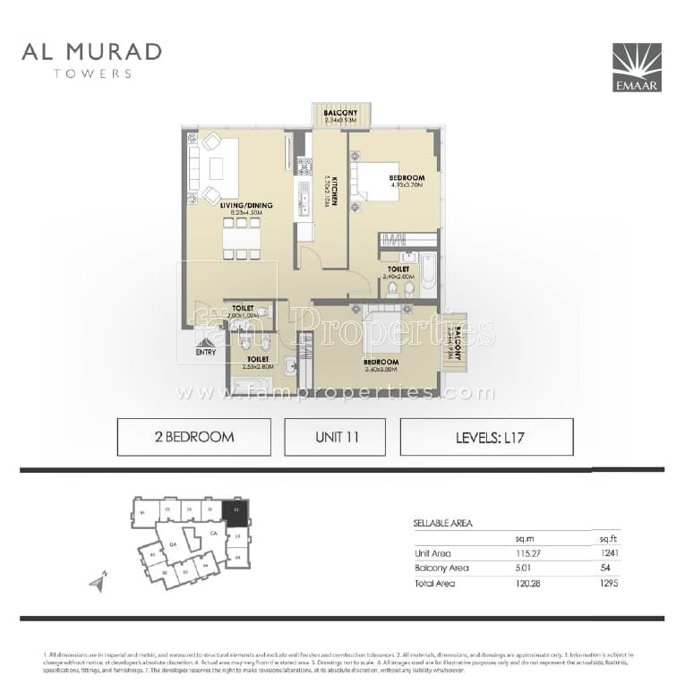 Al Murad Towers, 2-Bed Floor Plan, type: 2 Bedrooms - Unit 11- levels L17
