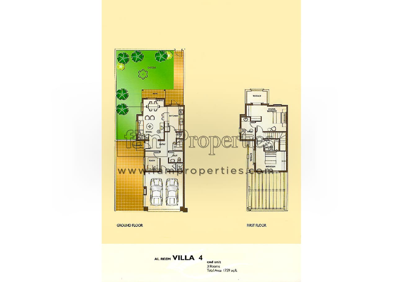 Al Reem 1, 3-Bed Floor Plan, type: 3 Bedrooms Villa 4 - End Unit