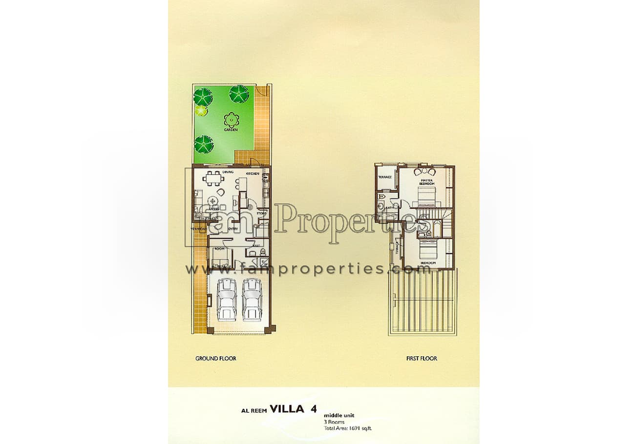 Al Reem 1, 3-Bed Floor Plan, type: 3 Bedrooms Villa 4 - Middle Unit