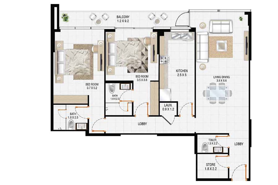 Al Sayyah Residence, 2-Bed Floor Plan, type: 2 Bedroom