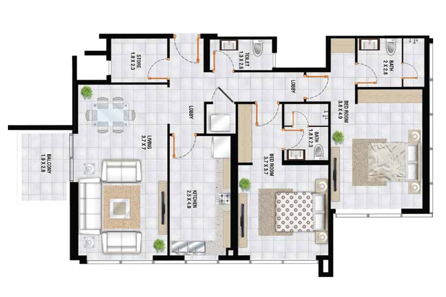 Al Sayyah Residence, 2-Bed Floor Plan, type: 2 Bedroom