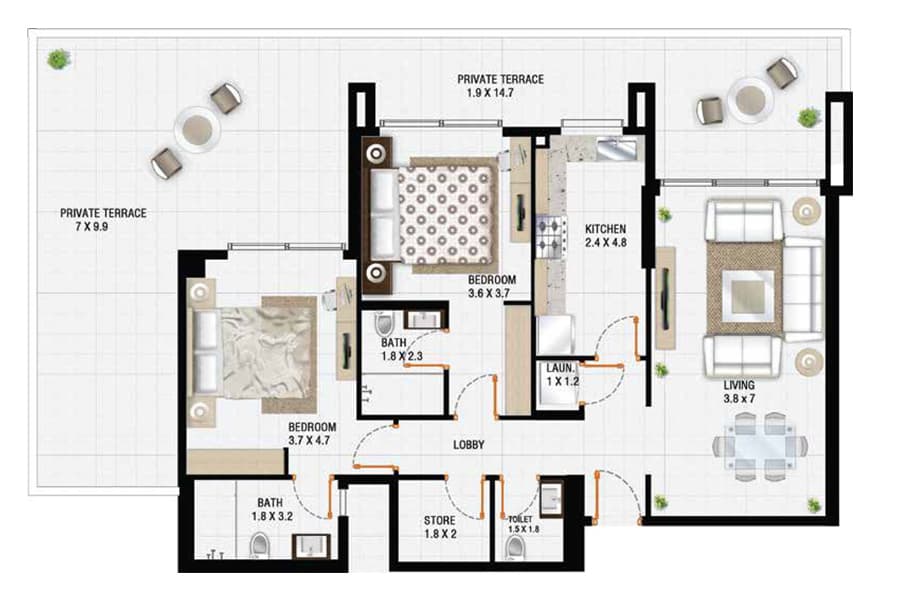 Al Sayyah Residence, 2-Bed Floor Plan, type: 2 Bedroom