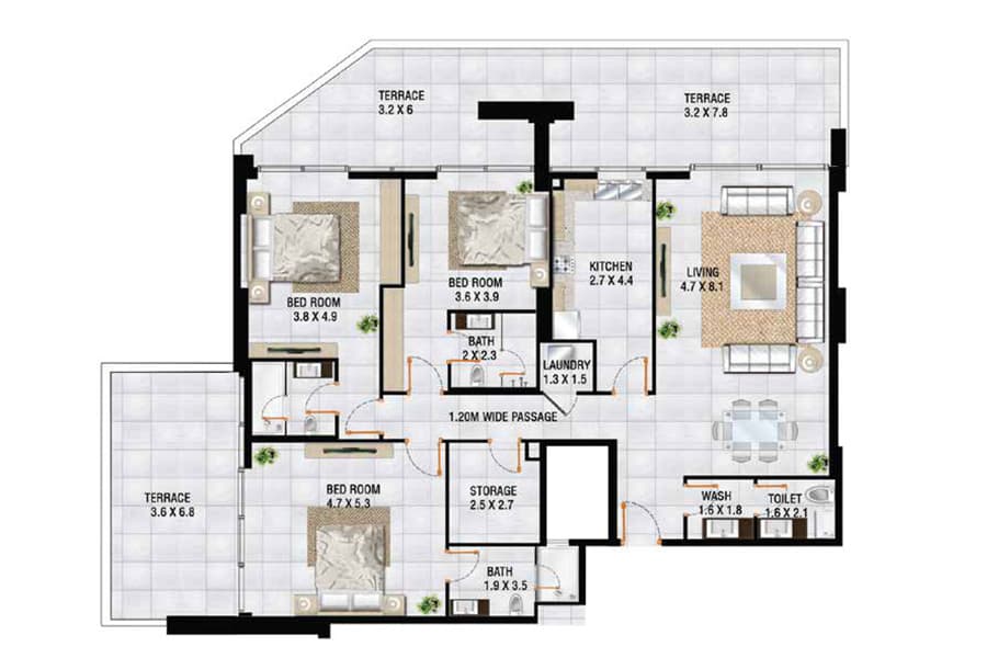 Al Sayyah Residence, 3-Bed Floor Plan, type: 3 Bedroom