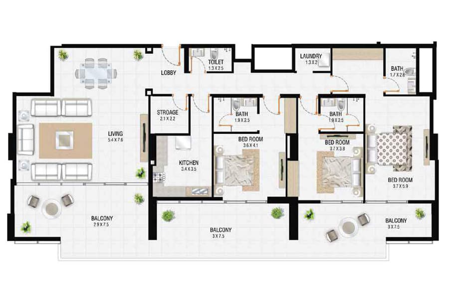 Al Sayyah Residence, 3-Bed Floor Plan, type: 3 Bedroom
