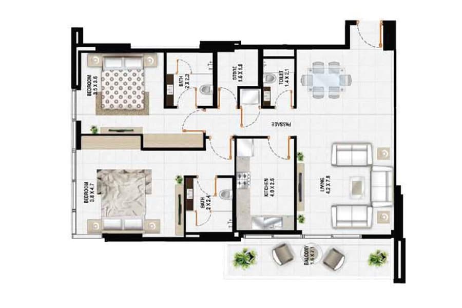 Al Sayyah Residence, 2-Bed Floor Plan, type: 2 Bedroom