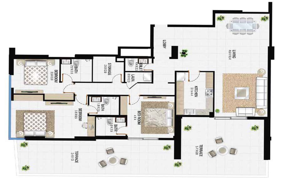 Al Sayyah Residence, 3-Bed Floor Plan, type: 3 Bedroom
