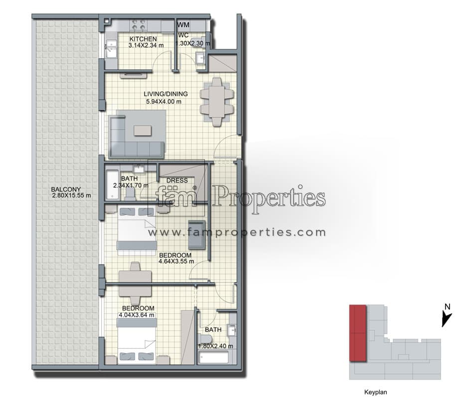 Alcove, 2-Bed Floor Plan, type: Fourth Floor Type B1-2BR