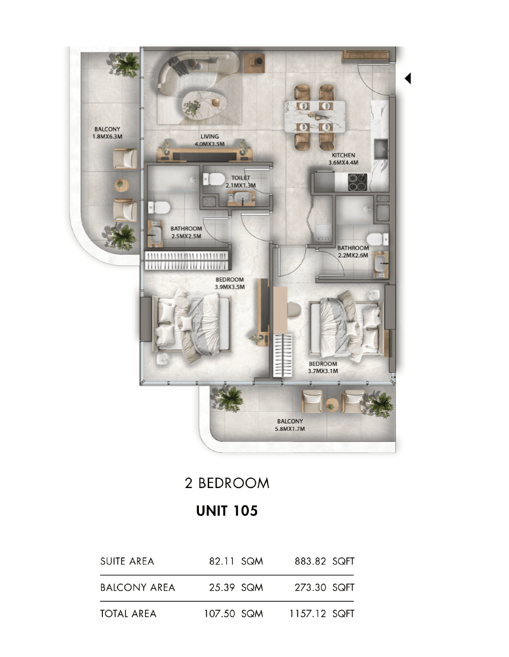 Antalya, 2-Bed Floor Plan, type:
