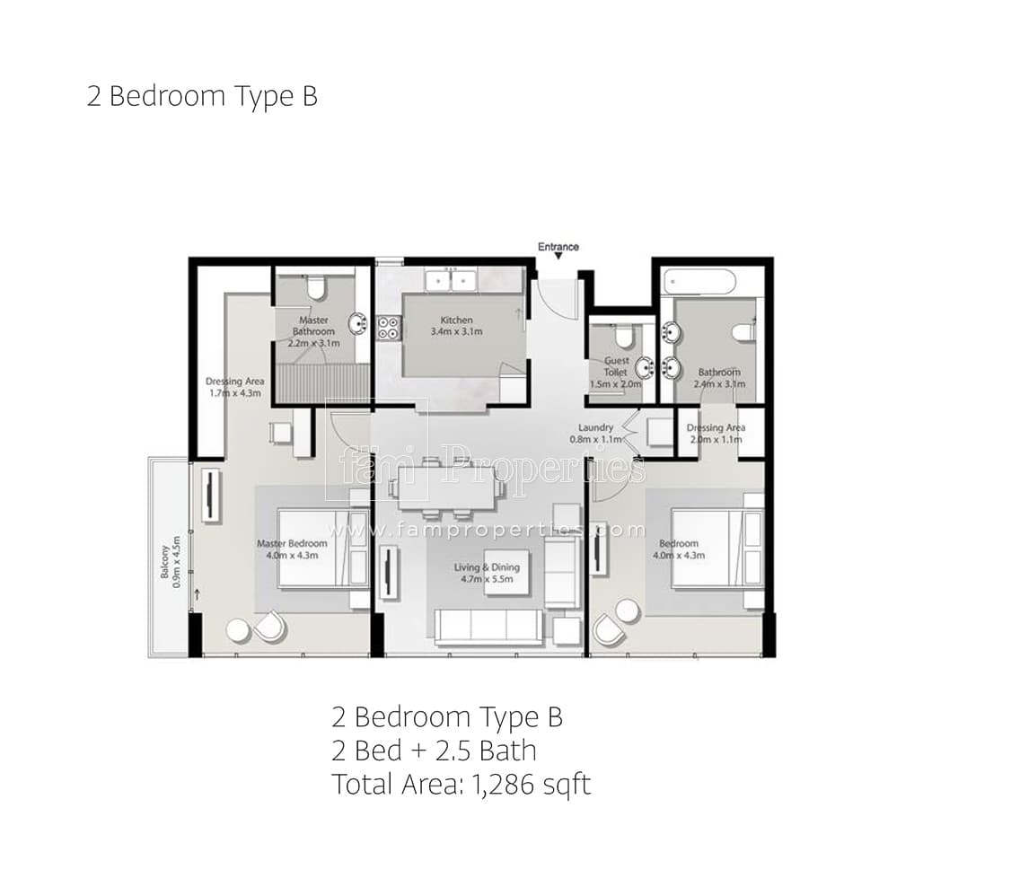 Areej Apartments, 2-Bed Floor Plan, type: 2 Bedroom