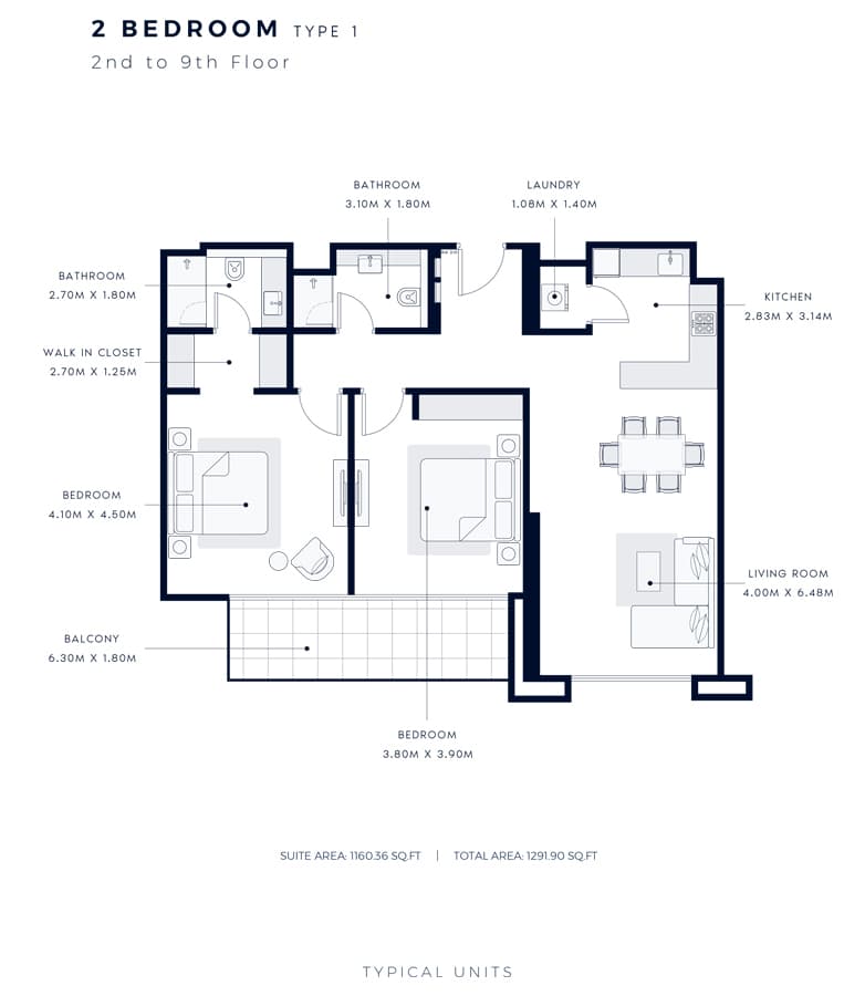 Azizi Central, 2-Bed Floor Plan, type: