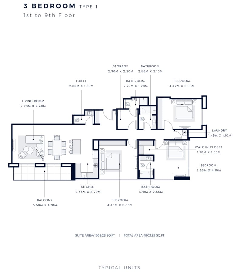 Azizi Central, 3-Bed Floor Plan, type: