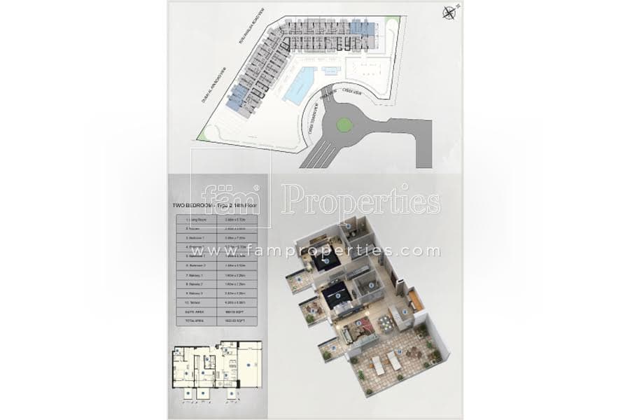 Azizi Farhad Residence, 2-Bed Floor Plan, type: 2 Bedroom