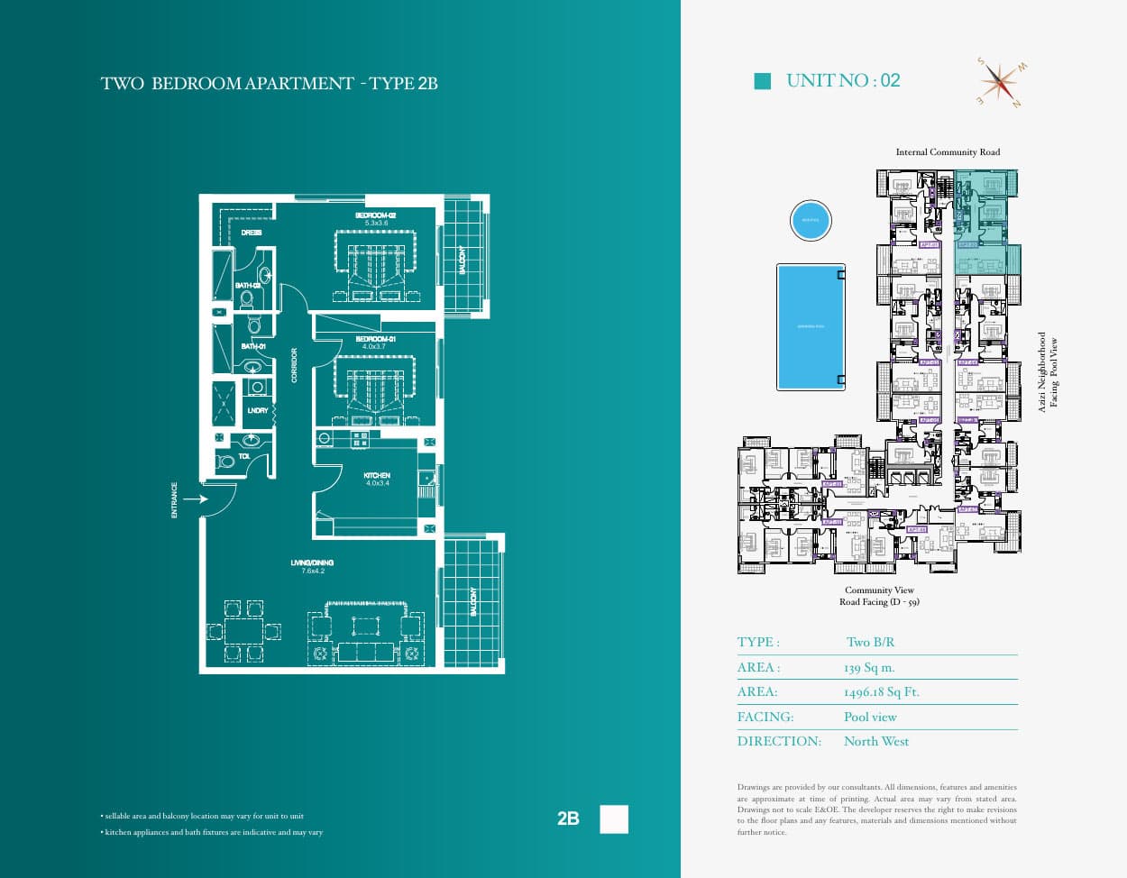 Azizi Feirouz Apartments, 2-Bed Floor Plan, type: Type 2B