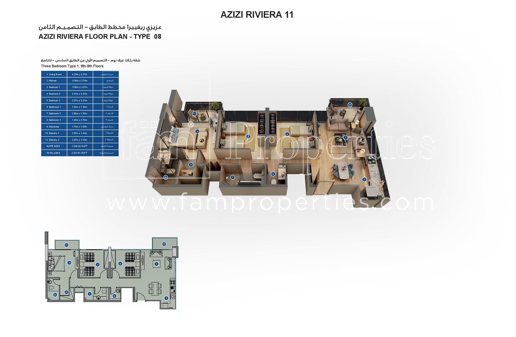 Azizi Riviera 11, 3-Bed Floor Plan, type: Three Bedroom Type 1, 6th - 9th Floors