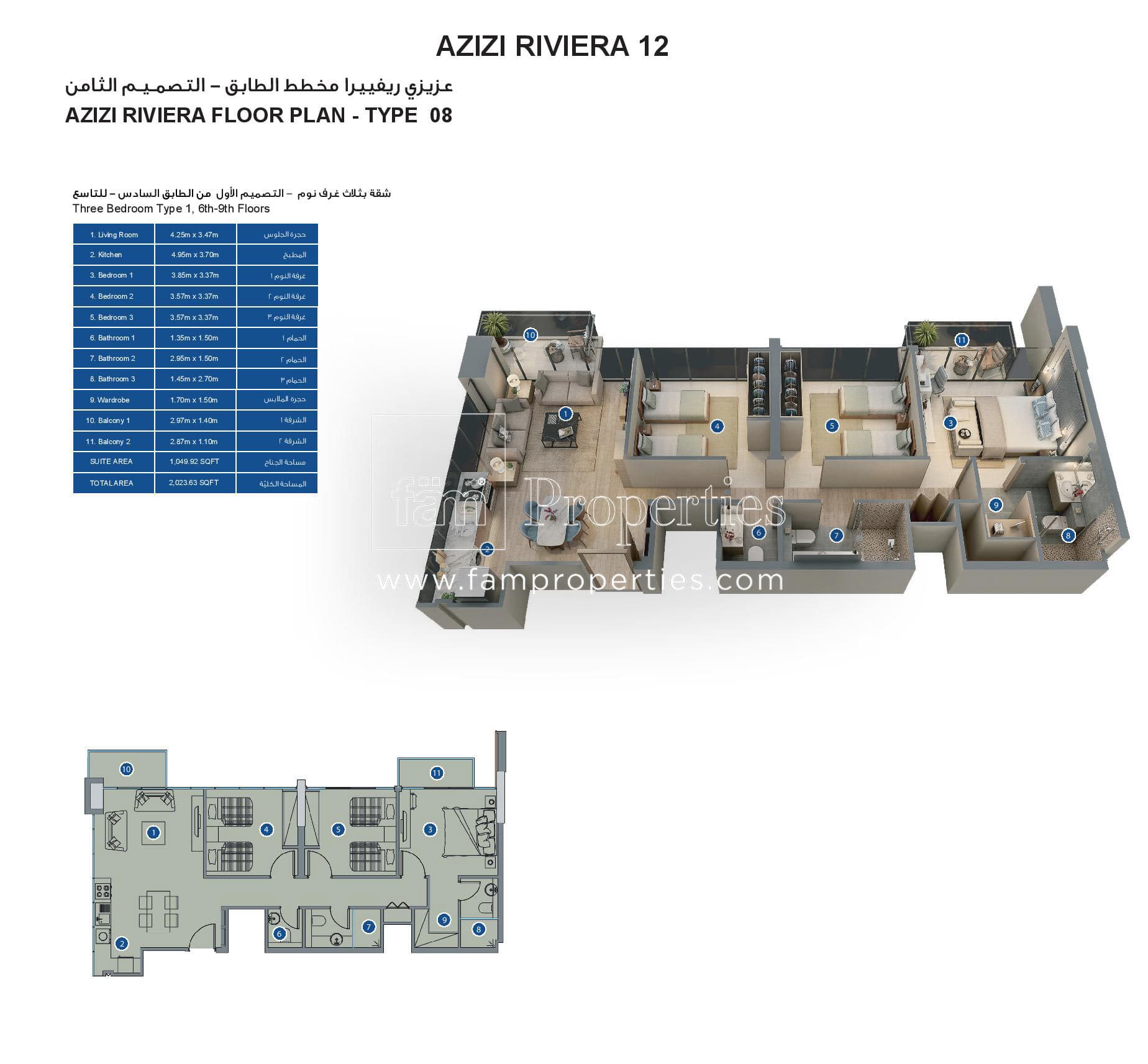 Azizi Riviera 12, 3-Bed Floor Plan, type: Three Bedroom Type 1, 6th - 9th Floors
